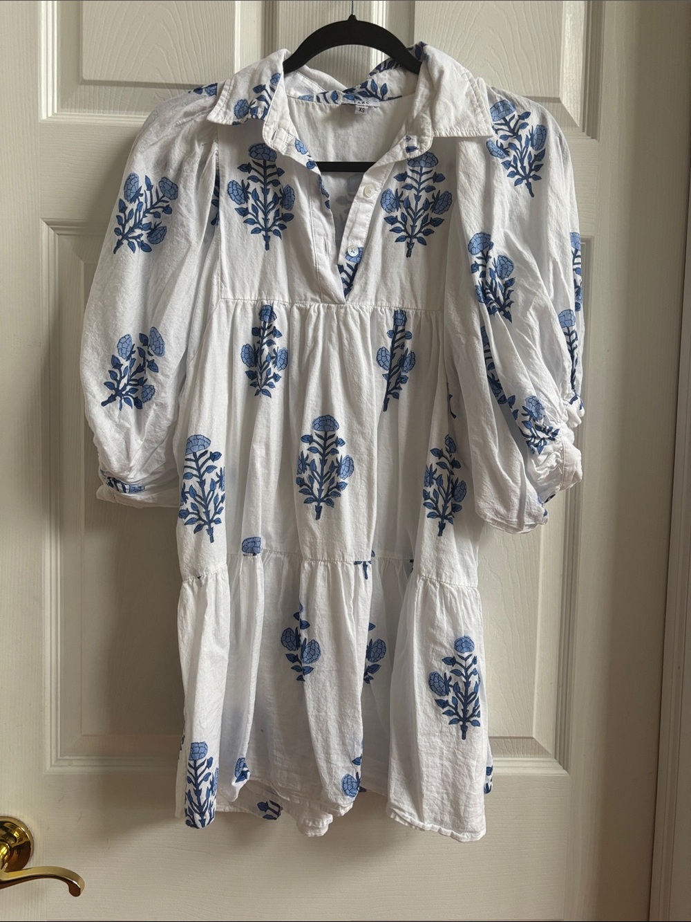 White Tiered Tunic Dress with Blue Floral Print